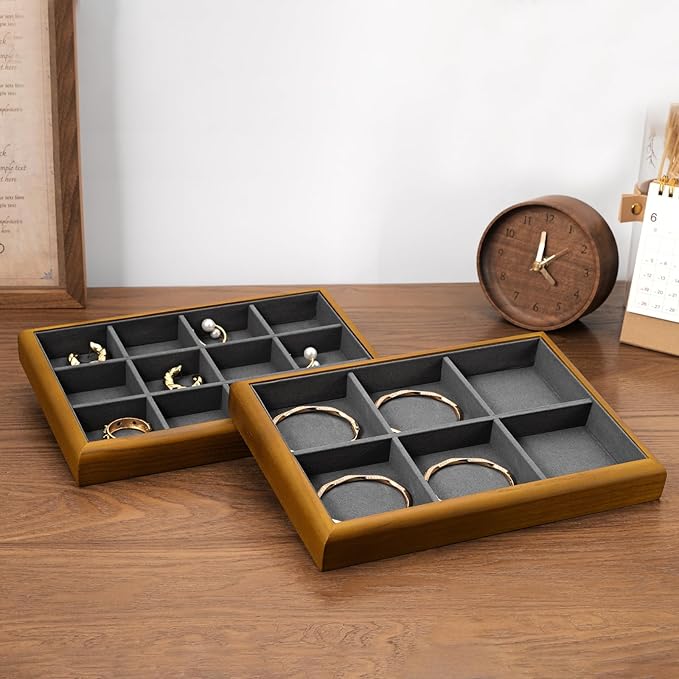Oirlv Solid Wood 6 Grid Jewelry Organizer Tray Jewelry Drawer Organizer(Grey)