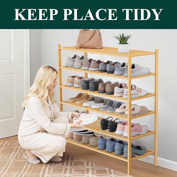 Smiry Long Bamboo Shoe Rack 6-Tier, Stackable Wooden Shoe Organizer for Entryway & Closet, Free Standing Wood Shoe Storage Shelf for Front Door & Small Spaces, Natural
