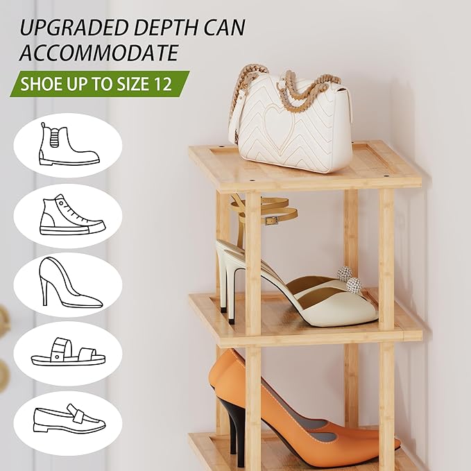 Vertical Tall Shoe Rack For Entryway - Tall 7 Tier Free Standing Slim Narrow Bamboo Wood Shoe Boots Storage Shelf Small Spaces For Garage Closet Doorway Garage Living Room Storage for Kitchen Bathroom