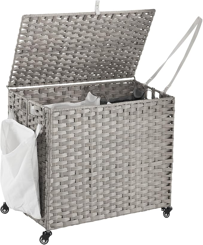 Laundry Hamper with Wheels, 34.3 Gallon(130L) Rolling Laundry Basket with Lid, Removable Large 2 Color Liners & 3 Mesh Laundry Bags, Clothes Hamper with Side Pocket, Grey