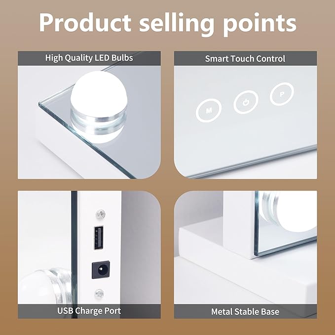 Vanity Mirror with Lights Lighted Makeup Mirror with Dimmable LED Bulbs,3 Color Lighting Modes,USB Charging Port Touch Control,Sturdy Metal Frame Design,White (50x40cm, 4.70)
