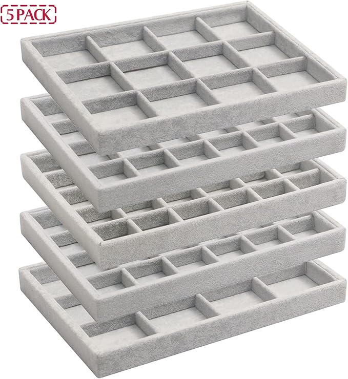 DIOMMELL Set of 5 Stackable Velvet Jewelry Trays Organizer Jewelry Display Showcase Dresser Drawer Organizer Storage Box for Ring Earring Bracelet Necklace Accessary, Grey