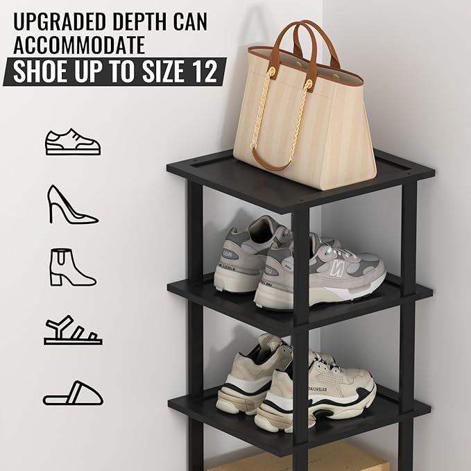 Bamboo Free Standing Shoe Rack Shelf Multi Tier Tall Wooden Stackable Shoes Rack Organizer for Closet Front Door Entrance Narrow Vertical Shoe Storage (Black, 12 Tiers)