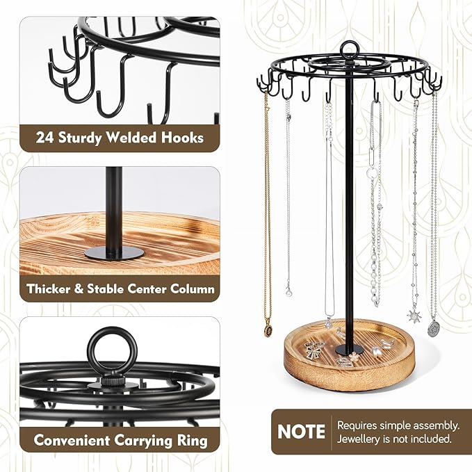 Rotating Necklace Holder, Necklace Organizer Tree Stand with 24 Hooks, Jewelry Necklace Display Stand, Wooden & Metal, Tall Spinning for Vendors Retail, Valentine's Gift for Women, Vintage Black