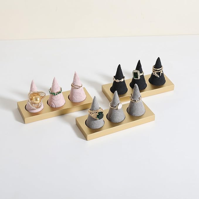 GemeShou grey jewelry ring display holder for selling, velvet ring cone display stand, cute cone shaped ring holder with golden coated base,Small jewelry ring storage organizer【Ring holder-grey】