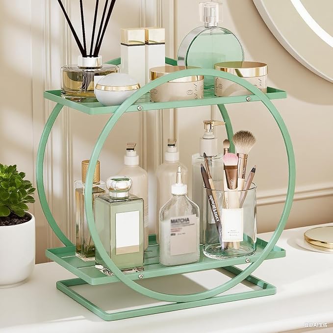 Green Perfume Organizer for Dresser, 2-Tier Bathroom Counter Organizers, Elegant Round Makeup Organizer for Vanity, Versatile Bathroom Tray Countertop Shelf, Compact Skincare Storage