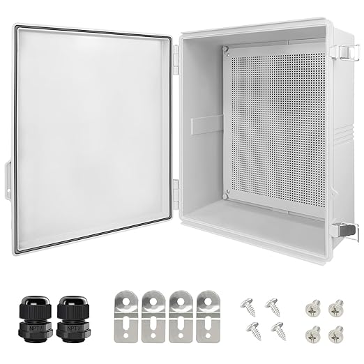 LeMotech Electrical Box, IP67 Waterproof Hinged Cover Stainless Steel Latch Junction Box, ABS Plastic Electrical Enclosure with Mounting Plate,Wall Brackets, Cable Glands, 17.7"x13.8"x7.9", Grey