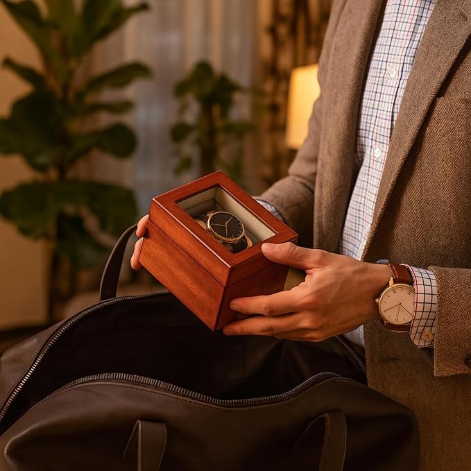 Bey-Berk Personalized Viscount Cherry Wood Single Watch Box, Custom Glass-Top Solid Wood Watch Display Case with Velour-Lined Cushion, 4.5" x 3.25" x 3.25"