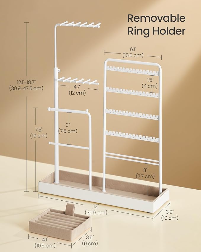 SONGMICS Jewelry Holder, Jewelry Storage Organizer Stand with Metal Frame, Velvet Tray, 12.1 to 18.7 Inches Tall Height Adjustable Necklace Holder, for Rings, Earrings, Matte White UJJS026W01