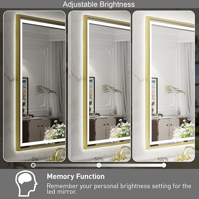 LED Bathroom Mirror, 20x28 Inch Frontlit & Backlit Gold Framed Lighted Mirror,Wall Mouted Vanity with Lights,Double Lights Strips,Anti Fog Stepless Dimmable White/Warm/Natural