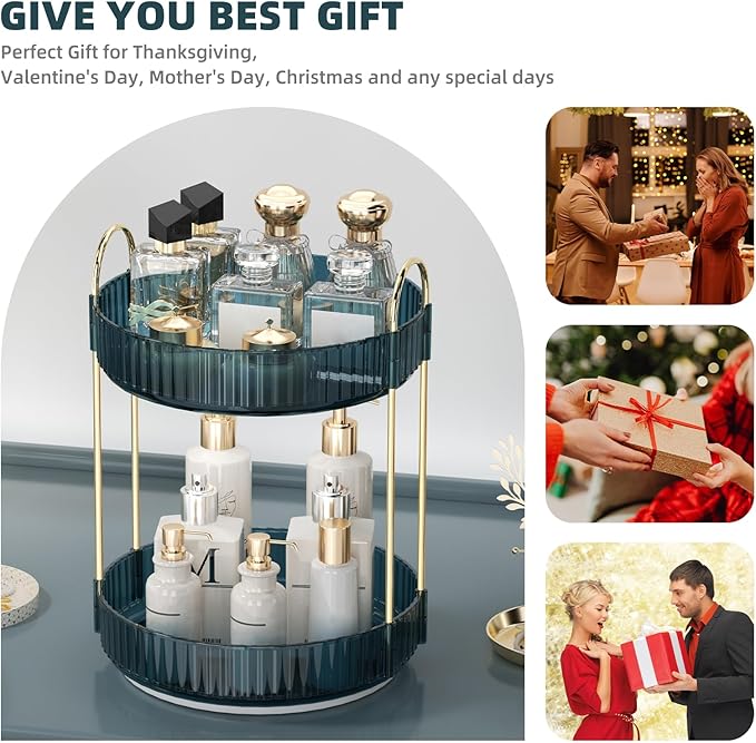 360 Rotating Makeup Organizer for Vanity, Bathroom Countertop Organizer Spinning Perfume Organizer, High-Capacity Cosmetic and Skincare Dresser Make Up Holder Rack (2 Tiers, Blue)