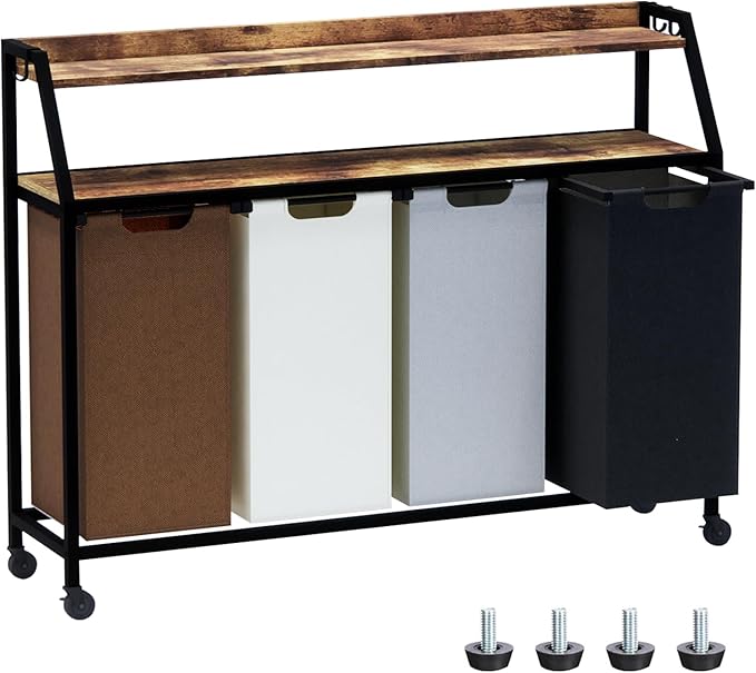 Laundry Hamper, Laundry Sorter 4 Section, Rolling Laundry Basket with Wheels, 2 Shelves, 4 × 14.5 Gal, Pull-Out and Removable Oxford Fabric Bags, for Laundry Room, 4 Colors