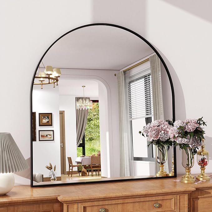 Arched Bathroom Mirror 32" x 34" for Bathroom Vanity Mirror or Wall Decor Black Arch Mirror Aluminum Alloy Frame Wall Mounted Mirror for Living Room Bedroom Entryway