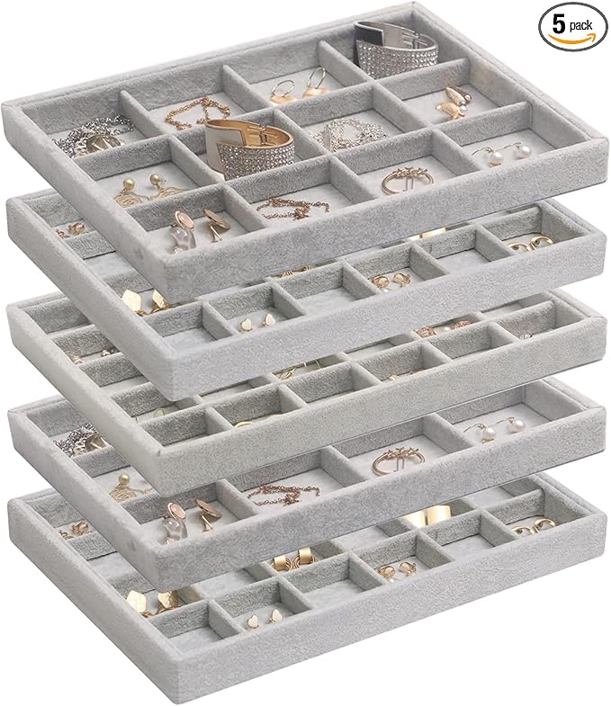 DIOMMELL Set of 5 Stackable Velvet Jewelry Trays Organizer Jewelry Display Showcase Dresser Drawer Organizer Storage Box for Ring Earring Bracelet Necklace Accessary, Grey