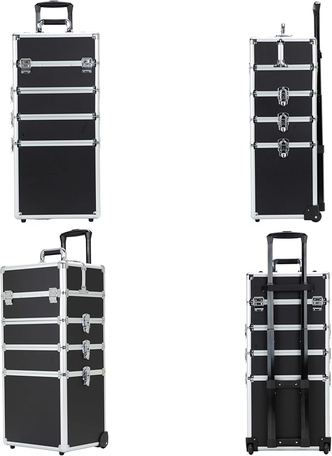 Makeup Rolling Train Case - Professional Cosmetics Organizer with Aluminum Frame, Folding Trays & Wheels, Portable for Travel & Studio (Black)
