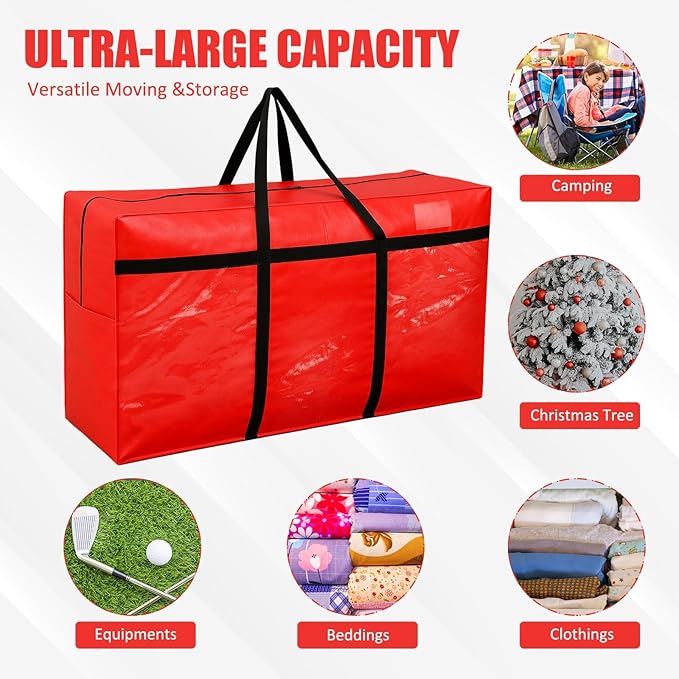 6 Pcs 66 Gallon Large Moving Bags with Zipper and Handles Christmas Tree Bags Foldable Heavy Duty XXL Totes for Christmas 4, 5, 7.5, 9, 10, 12 ft Tree Skeleton Blankets Storage (Red)