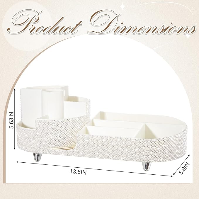 Teen Girls Women Gift 360 Rotating Bling Makeup Organizer Large Rhinestone Diamond Bathroom Organizer Girly Skin Care Brush Holder for Countertop,Bathroom Essentials(White,Pearl)