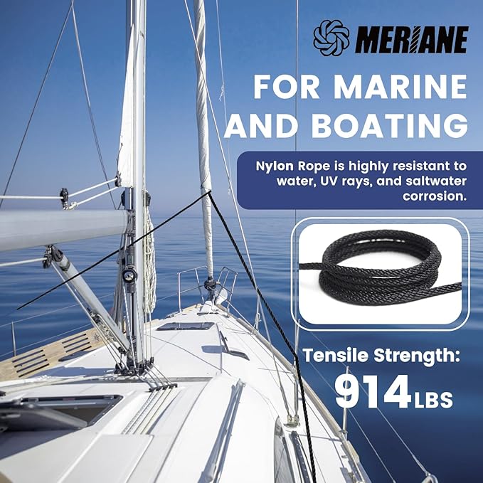 MERIANE Black Nylon Rope 1/4inch 100FT – Multipurpose Solid Braided Rope – Ideal Use for Camping, Clothesline, Marine, Flag Line – Abrasion & UV Resistant – Shock Absorption Rope for Indoor Outdoor