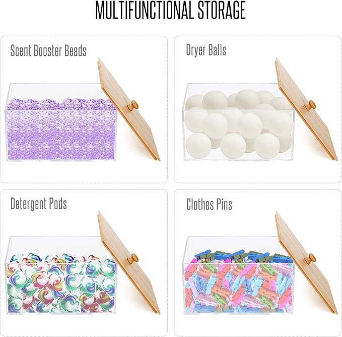 JYPS Clear Acrylic Dryer Sheet Holder with Bamboo Lid & Labels, Fabric Softener Dispenser for Laundry Room Organization Decor, Bathroom Storage Container Box, for Scent Booster,Powder,Pods