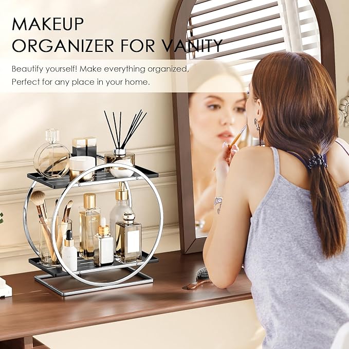 2-Tier Bathroom Organizer Countertop, Silver Black Perfume Organizer for Dresser, Multi-Purpose Makeup Organizer, Large Cosmetic Skincare Organizers, Exquisite Vanity Storage, Ideal for Gift