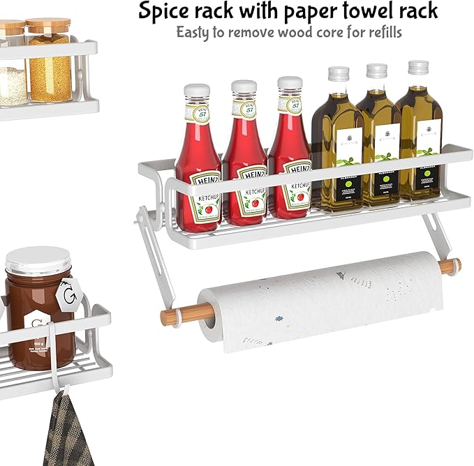 3 Pack Spice Rack Wall Mount With Paper Towel Holder and Hooks, Screw or Adhesive Hanging Spice Shelf,Space Saving Spice Organizer for Seasonings, Spice Racks for Stove,Cabinet, Pantry,White