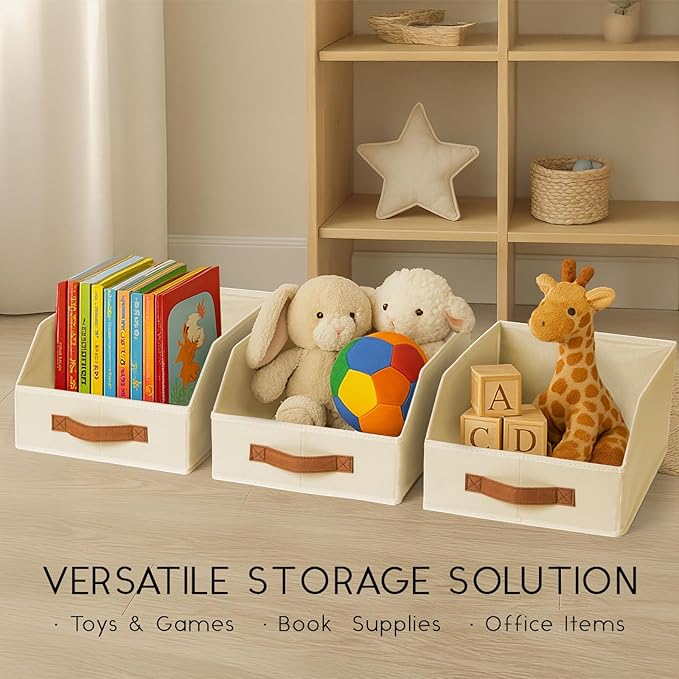 Fabric Storage Bins for Organizing - 12 Pack Large Trapezoid Collapsible Storage Bins with Front Handle, Closet Organizers and Storage for Bedroom, Home Shelves, Small Spaces, Beige