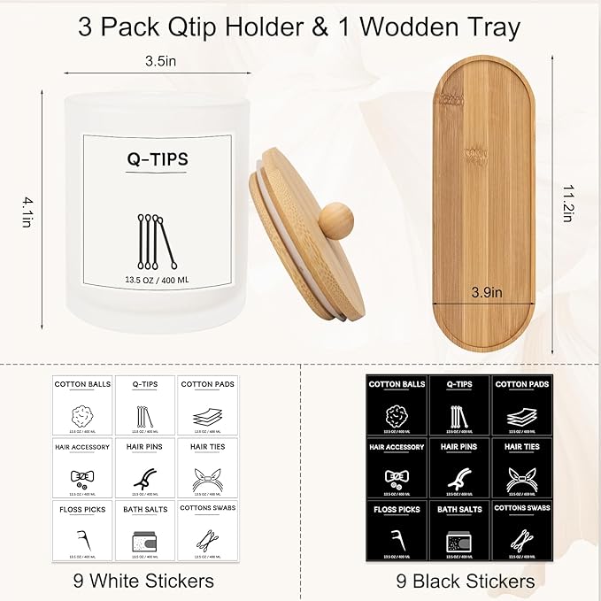 3 PCS Qtip Holder for Bathroom, Cotton Ball Holder, with Tray, Bathroom Organizers and Storage, Bathroom Jars for Floss Picks, Cotton Swabs, Balls, Pads (Frosted)