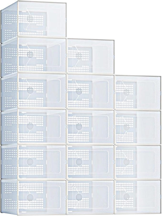 DUMOS Clear Shoe Storage Boxes, 15-Pack Plastic Stackable Shoe Containers with Lids, Display Sneaker Case Organizer for Closet, Under Bed, Entryway,White (Fit Size 11)