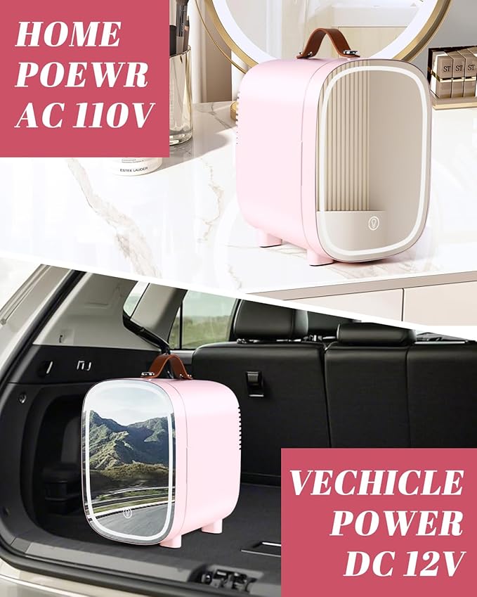 Mini Fridge for Bedroom, 4 Liter/6 Can Skincare Fridge With LED Mirror,12v AC/DC Cooler & Warmer Portable Small Refrigerator for Drinks, Makeup, Dorm, Office and Car(Pink)