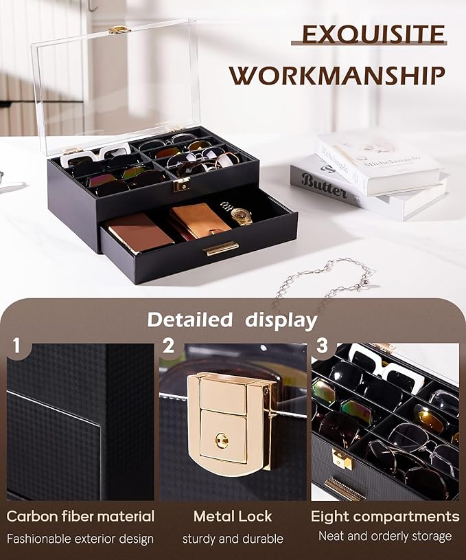 Homde Sunglasses Case Carbon Fibre: Large Organizer for Men Bedroom Dresser - Acrylic Clear Display Holder for Glasses & Jewelry