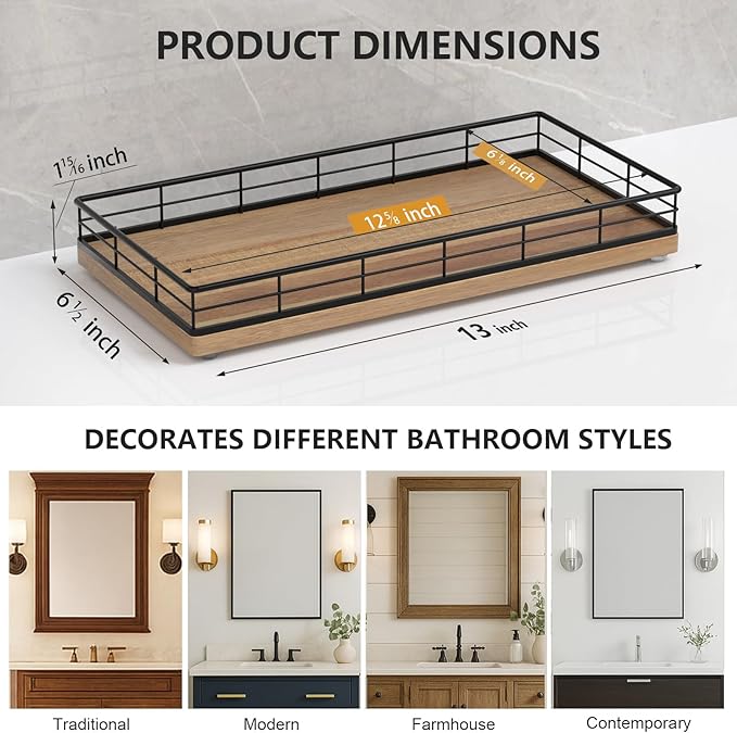 Toilet Paper Basket Organizer – Acacia Wood Toilet Tank Tray with Metal Frame, Back of Tank or Top Bathroom Counter Storage – Black & Acacia Modern Decor