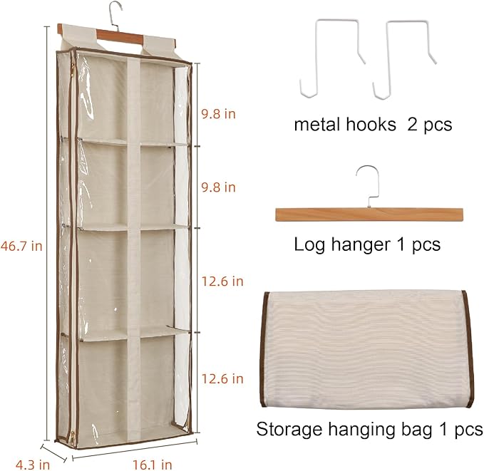 Clear Hanging Handbag Storage Organizer with Zippers, Easy Access Purse,Toy,Yarn,Hat Storage Over The Door Purse Organizer Space Saving 4 Pockets for Closet Bedroom Living Room (Beige)