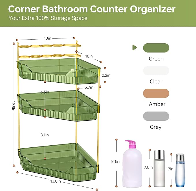 Corner Bathroom Counter Organizer with Makeup Brush Holder & Toothbrush Holders, Makeup Organizer for Vanity Countertop, Acrylic Skincare Storage Shelf (Green, 3-Tier)
