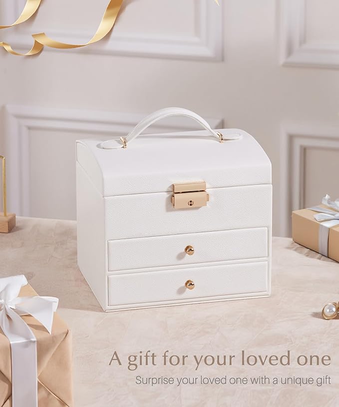 Homde Women Jewelry Box with Lock: 3 Layers Modern Organizer - White Storage for Ring Necklace Earring - Birthday Christmas Gifts for Girls