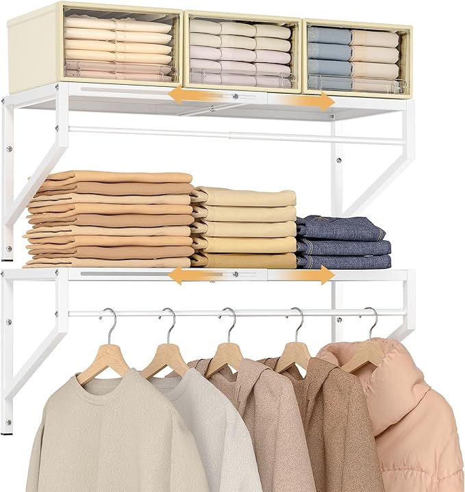 Expandable Closet Shelves Wall Mounted, 2 Pack Closet Shelving with Hanging Rods, Wall Shelving for Walk-in Closet, Hanging Shelves Organizer and Storage for Closet, Laundry