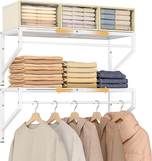 Expandable Closet Shelves Wall Mounted, 2 Pack Closet Shelving with Hanging Rods, Wall Shelving for Walk-in Closet, Hanging Shelves Organizer and Storage for Closet, Laundry