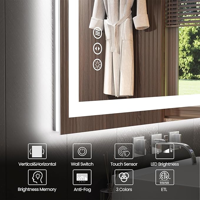 24"X36" LED Bathroom Mirror with Front Lights and Backlit, Anti-Fog, Dimmable, Shatter-Proof Tempered Glass, Lighted Bathroom Vanity Mirror for Wall with 3 Colors, Memory Function