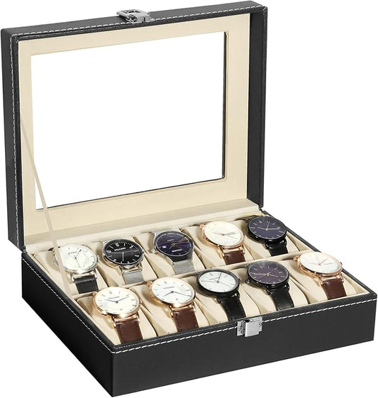Uten Watch Box, 10 Slots Watch Case, Watch Box Organizer Jewelry Storage with Large Glass Lid, Watch Display Case, Watch Box for Men & Women