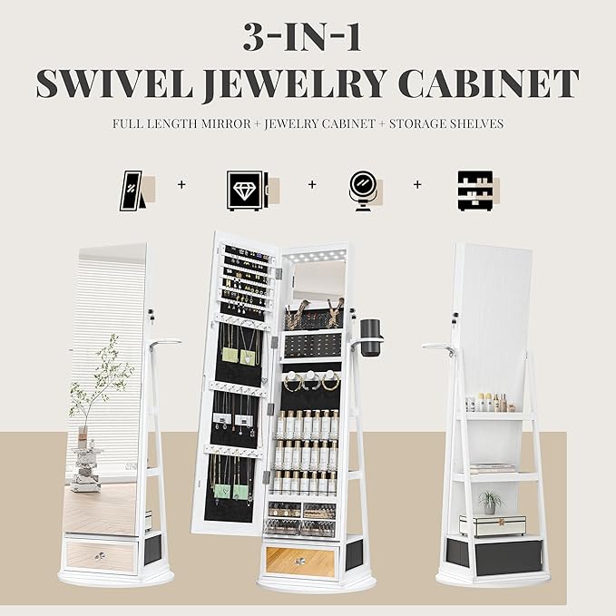 360° Swivel LED Mirror Jewelry Cabinet Standing, Full Length Mirror Jewelry Armoire with Drawer, Standing Jewelry Organizer, Foldable Makeup Shelf, White