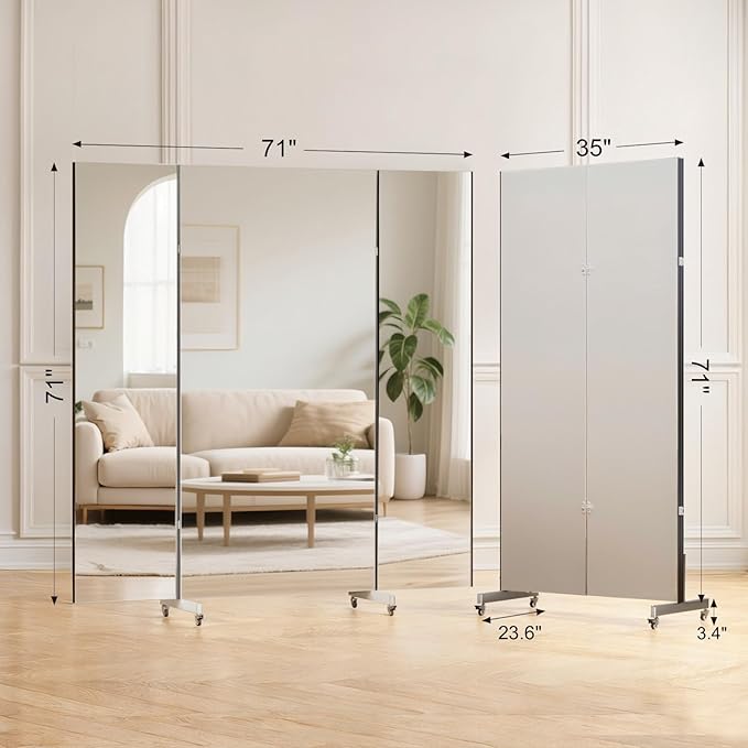 brisafe NanoMirror Non-Glass Ultra-Light Foldable Home Gym on Wheels, 71"x71" Extra Large Full Body Unbreakable Shatterproof Mirror, 360° Swivel for Yoga, Dance, Fitness Studio & Home Gym, White