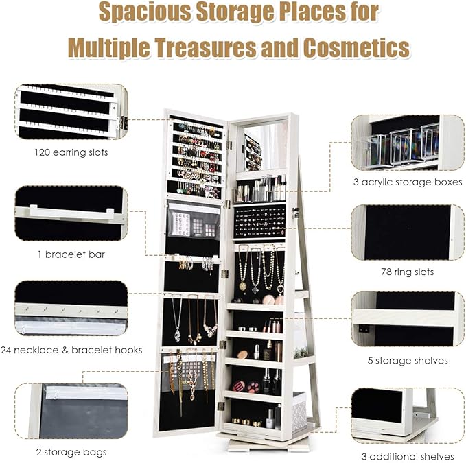 CHARMAID 360° Swivel Jewelry Armoire with Higher Full Length Mirror & Inside Makeup Mirror, Standing Lockable Jewelry Cabinet Organizer, Large Capacity, Back Storage Shelves (Grayish White)