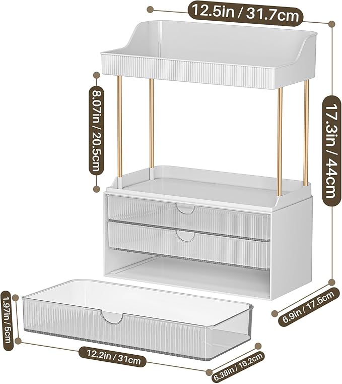 2 Pack Bathroom Counter Organizer - 3 Drawers Makeup Organizer, Cosmetic Storage Drawer for Dresser Countertop and Bathroom Vanity for Large Skincare, Perfume, Clear
