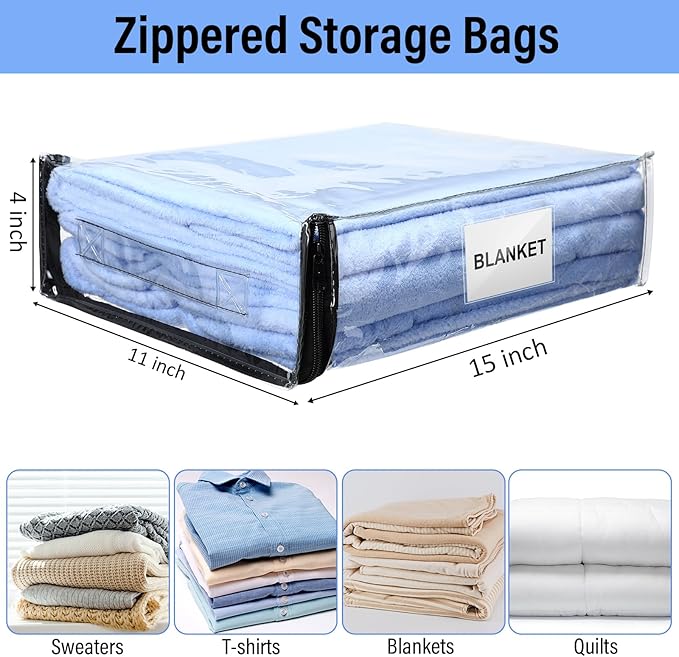 Kenning Set of 20 Clear Zippered Storage Bags for Sheet Organizer Plastic Sweater Bags with Handle Pocket Vinyl Bag for Bed Blanket Throw Pillow Toys(Black,11 x 15 x 4 Inch)