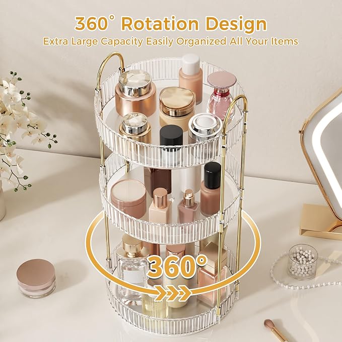 360° Rotating Makeup Organizer, Large Capacity Skincare Organizer, 3 Tier Cosmetic Skin Care Perfume Dresser Organizer, Fits Cosmetics, Perfume, Skin Care, Lipstick