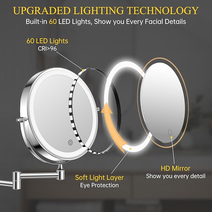 FUNTOUCH Rechargeable Wall Mounted Makeup Mirror with Lights,5000mAh Double Sided 3X/20X Magnifying,3 Color Lights,Touch Dimmable, Extended Arm 360 Rotation Lighted Bathroom Mirror with Magnification