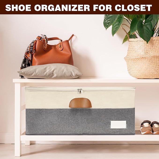 1 Pack Shoe Organizer for Closet, Adjustable Shoe Box Storage Containers, Large Foldable Shoe Bins with Clear Cover, Space Saving Shoes Holder with 4 Handles, Fits 12-24 Pairs, Beige