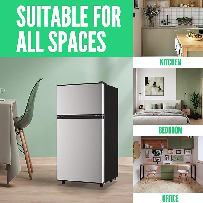WANAI Mini Fridge with Freezer, 3.5 cubic feet 2- Doors Small Refrigerator Features 7 Gear Mechanical Control, Side Bottle Rack, Ideal for Dorm, Kitchen, Apartment, Office, Silver