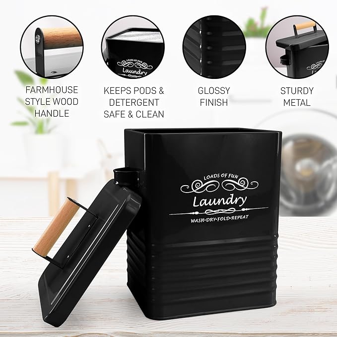 ELITAPRO Laundry Detergent Storage Container with Scoop & Lid - Modern Farmhouse Metal Powder Dispenser for Laundry Room Decor & Accessories - Organization & Storage (Black)