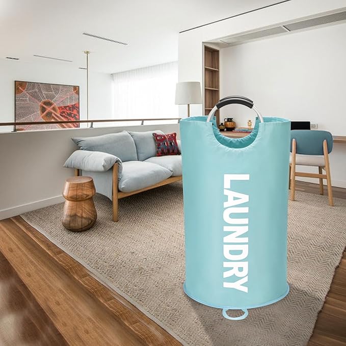 90L Large Laundry Basket, Freestanding Tall Clothes Hamper, Collapsible Laundry Bag, Light Blue