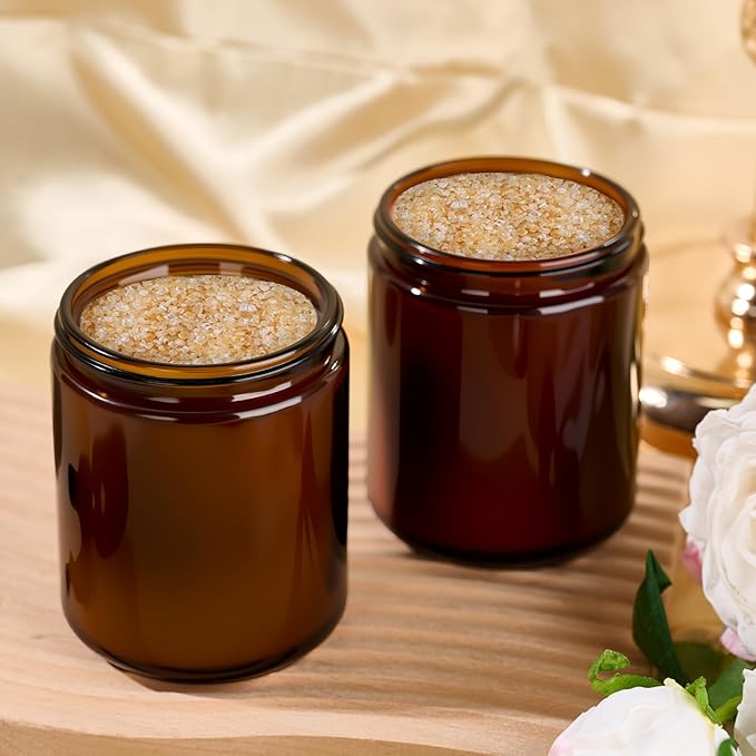 Hoa Kinh 8oz Amber Glass Jars with Lids - 12Pack Empty Airtight Storage Containers for Candle Making, Cosmetic, Spices, Crafts, Food - Refillable, UV Protection, Black Plastic Lid